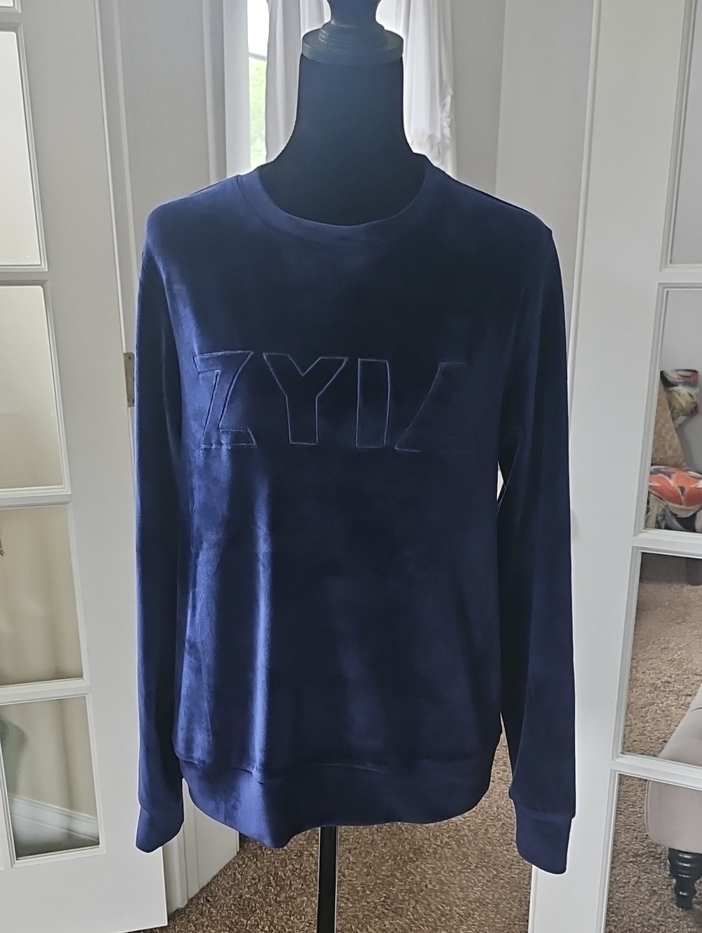 ZYIA Navy Velour Logo Crewneck Sweater